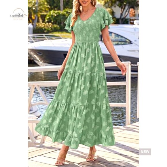 Maxi Dress with Ruffle Sleeves V Neck Smocked A Line Floral Boho Tiered Sundress - Picture 5 of 7